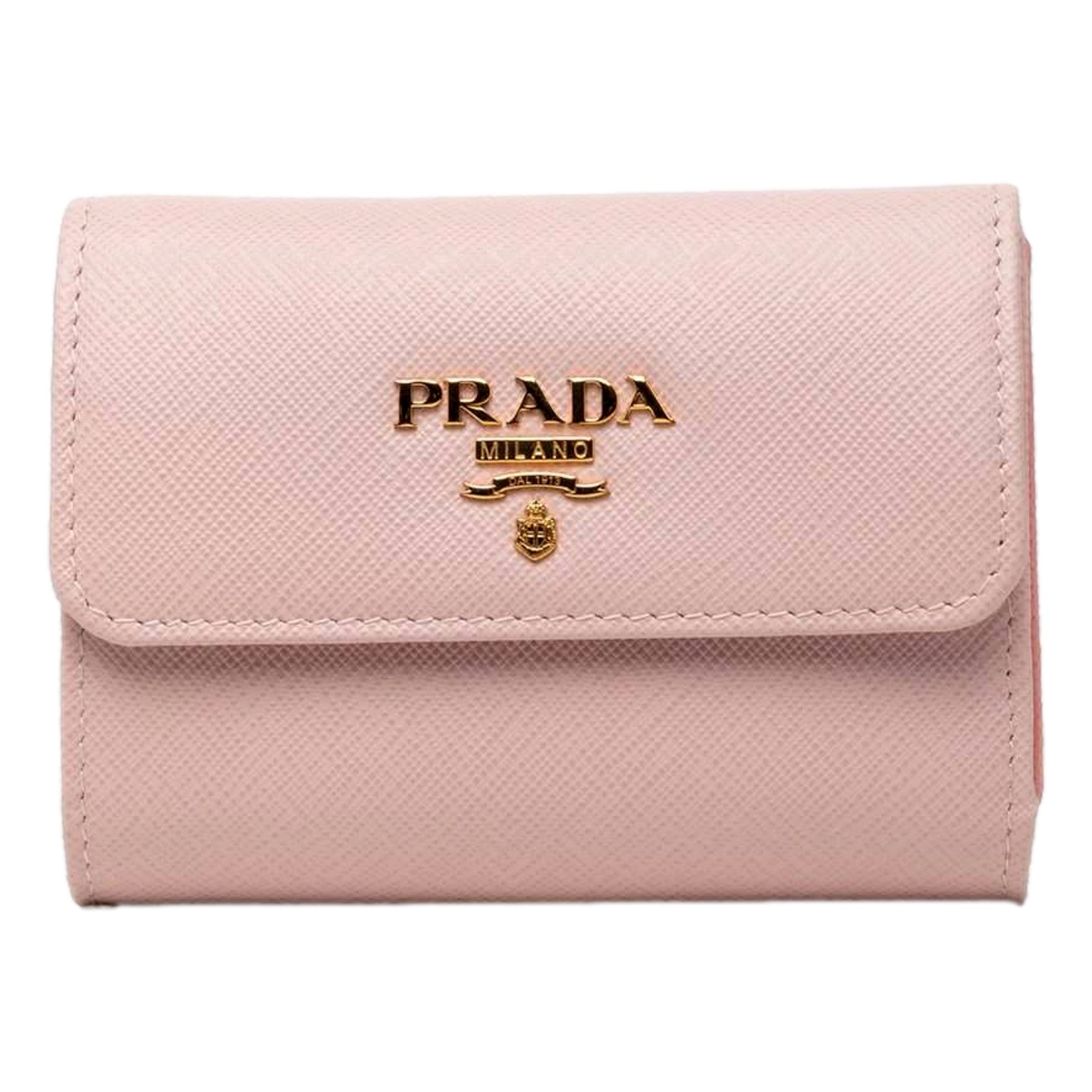Prada Saffiano Petalo Pink Multicolor Trifold Coin Zipper Card Snap Wallet - available at Queen Bee of Beverly Hills. 