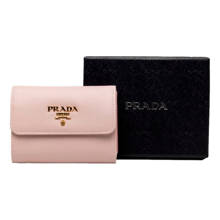 Prada Saffiano Petalo Pink Multicolor Trifold Coin Zipper Card Snap Wallet - available at Queen Bee of Beverly Hills. 