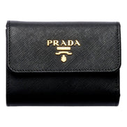 Prada Saffiano Leather Black Hibiscus Multicolor Trifold Coin Zipper Card Snap Wallet sold at Queen Bee of Beverly Hills