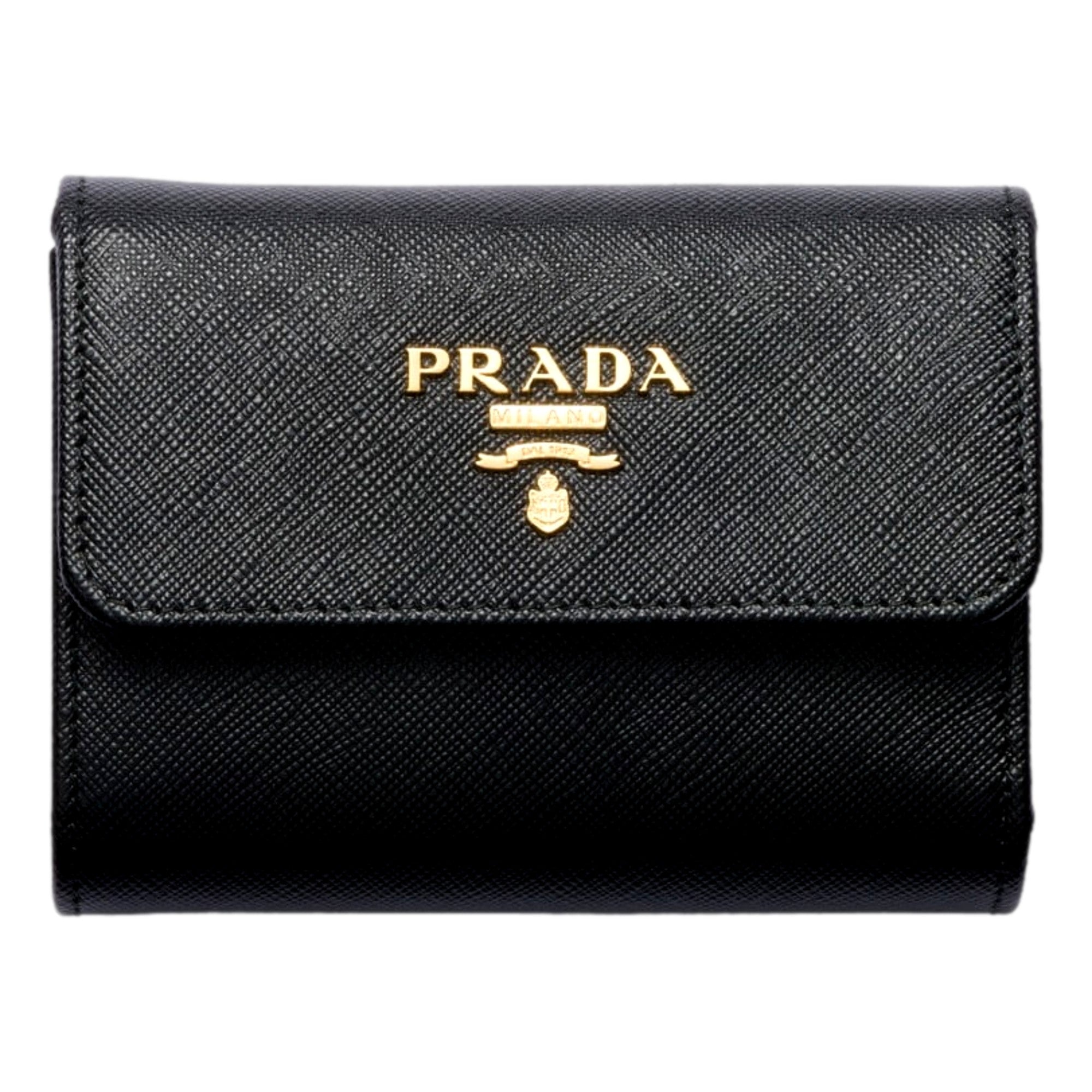 Prada Saffiano Leather Black Hibiscus Multicolor Trifold Coin Zipper Card Snap Wallet sold at Queen Bee of Beverly Hills