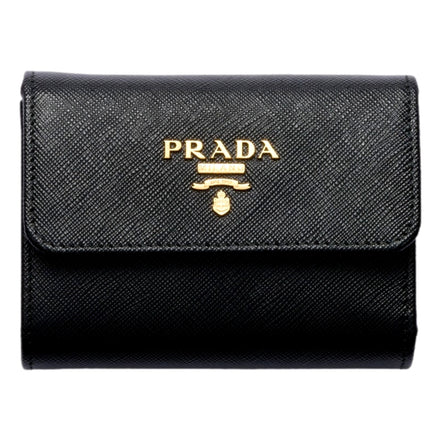 Prada Saffiano Leather Black Hibiscus Multicolor Trifold Coin Zipper Card Snap Wallet sold at Queen Bee of Beverly Hills