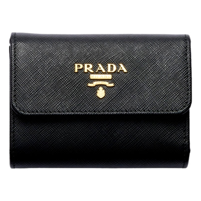 Prada Saffiano Leather Black Hibiscus Multicolor Trifold Coin Zipper Card Snap Wallet sold at Queen Bee of Beverly Hills