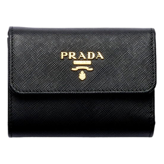 Prada Saffiano Leather Black Hibiscus Multicolor Trifold Coin Zipper Card Snap Wallet sold at Queen Bee of Beverly Hills