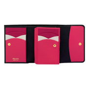 Prada Saffiano Leather Black Hibiscus Multicolor Trifold Coin Zipper Card Snap Wallet sold at Queen Bee of Beverly Hills