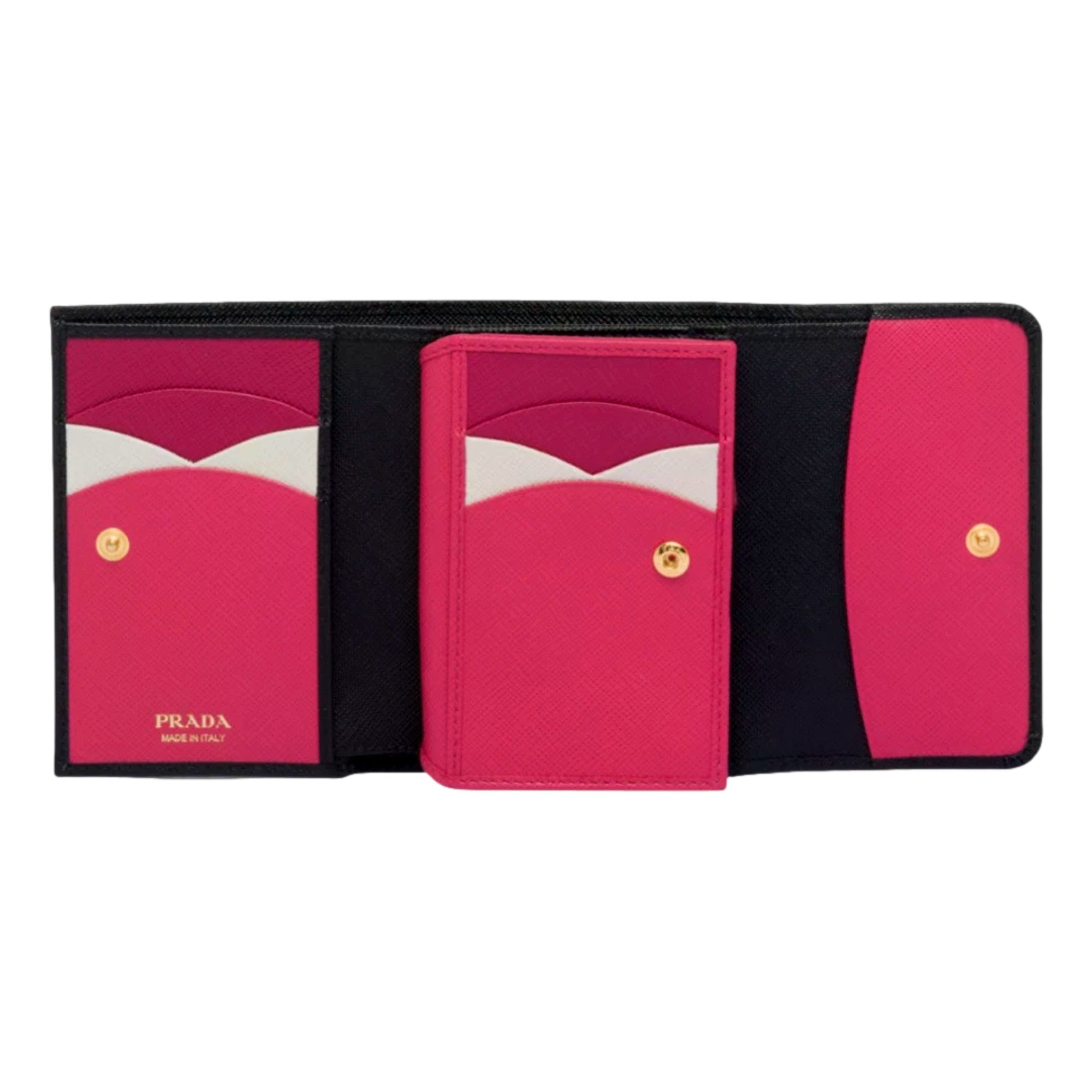 Prada Saffiano Leather Black Hibiscus Multicolor Trifold Coin Zipper Card Snap Wallet sold at Queen Bee of Beverly Hills