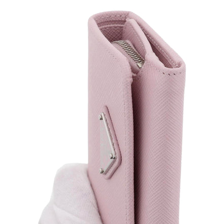 Prada Saffiano Light Pink Leather Wallet Coin Zipper Trifold Triangle Logo sold at Queen Bee of Beverly Hills