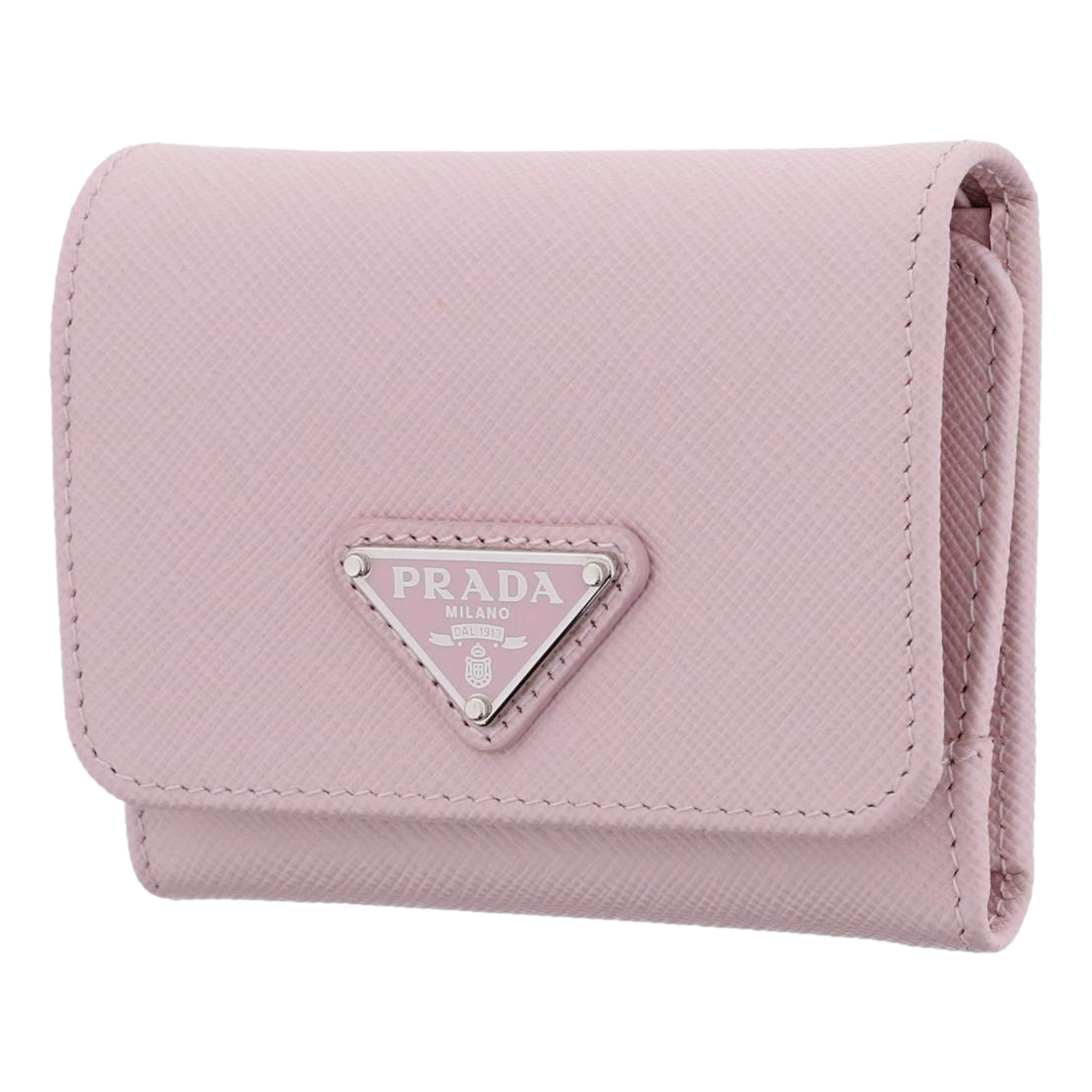 Prada Saffiano Light Pink Leather Wallet Coin Zipper Trifold Triangle Logo sold at Queen Bee of Beverly Hills