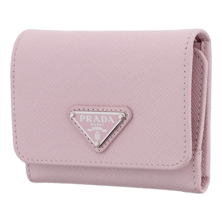 Prada Saffiano Light Pink Leather Wallet Coin Zipper Trifold Triangle Logo sold at Queen Bee of Beverly Hills