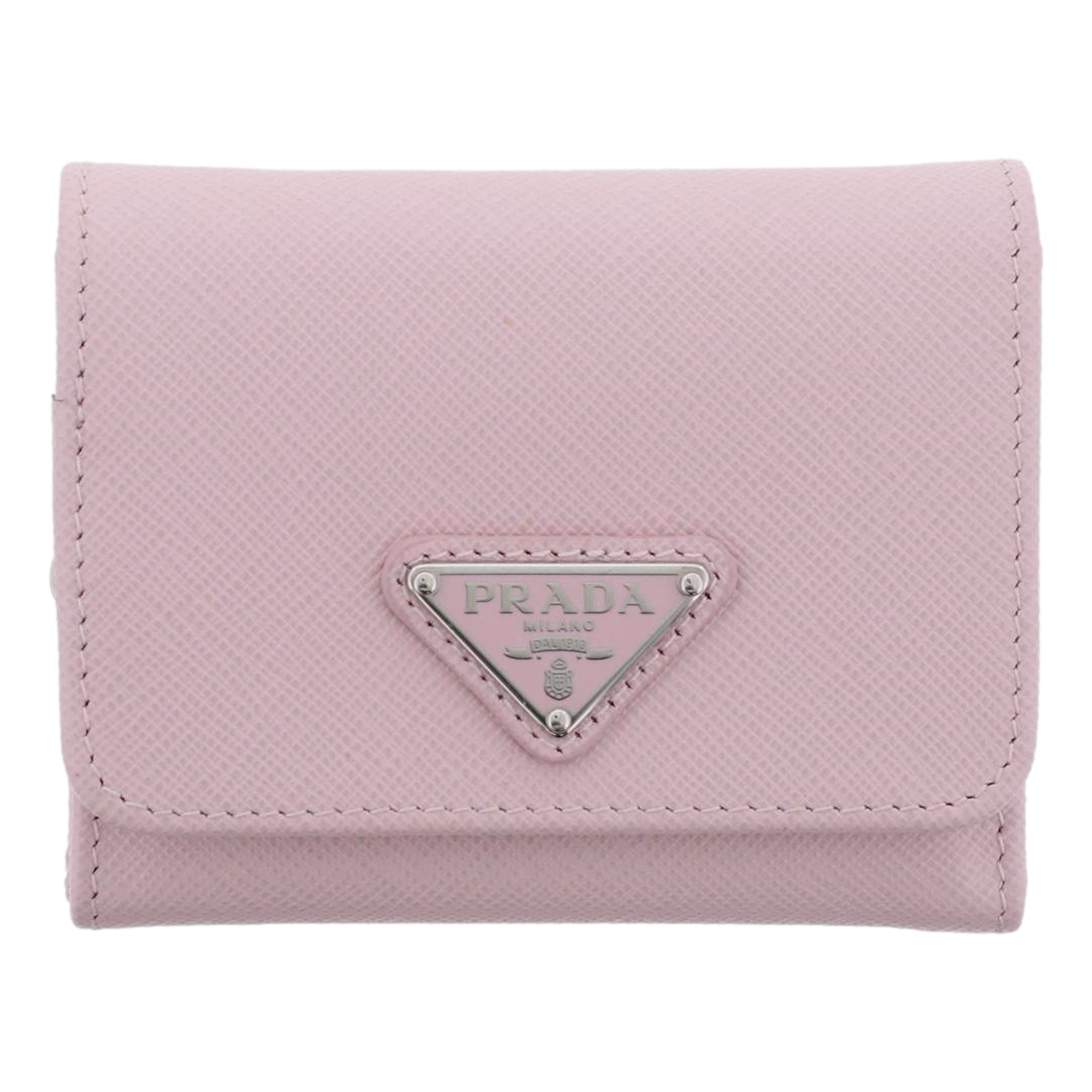 Prada Saffiano Light Pink Leather Wallet Coin Zipper Trifold Triangle Logo sold at Queen Bee of Beverly Hills