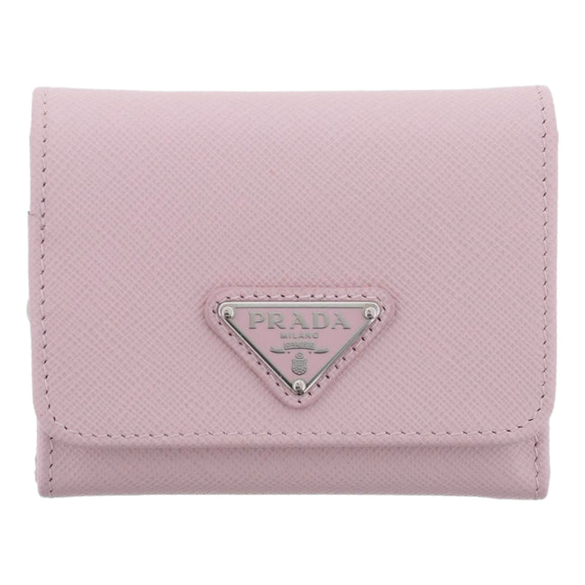 Prada Saffiano Light Pink Leather Wallet Coin Zipper Trifold Triangle Logo sold at Queen Bee of Beverly Hills