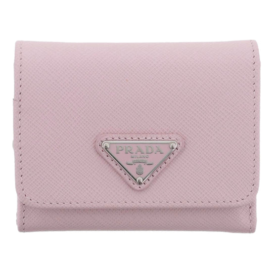 Prada Saffiano Light Pink Leather Wallet Coin Zipper Trifold Triangle Logo sold at Queen Bee of Beverly Hills