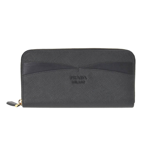 Prada Saffiano Waves Black Leather Zip Around Continental Wallet at_Queen_Bee_of_Beverly_Hills