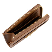 Prada Saffiano Caramel Brown Triangle Logo Zipper Card Holder Wallet sold at Queen Bee of Beverly Hills