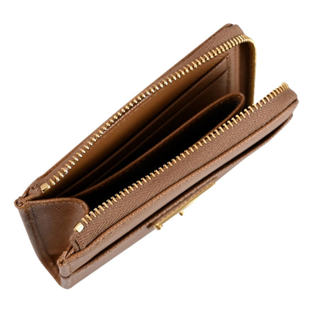 Prada Saffiano Caramel Brown Triangle Logo Zipper Card Holder Wallet sold at Queen Bee of Beverly Hills