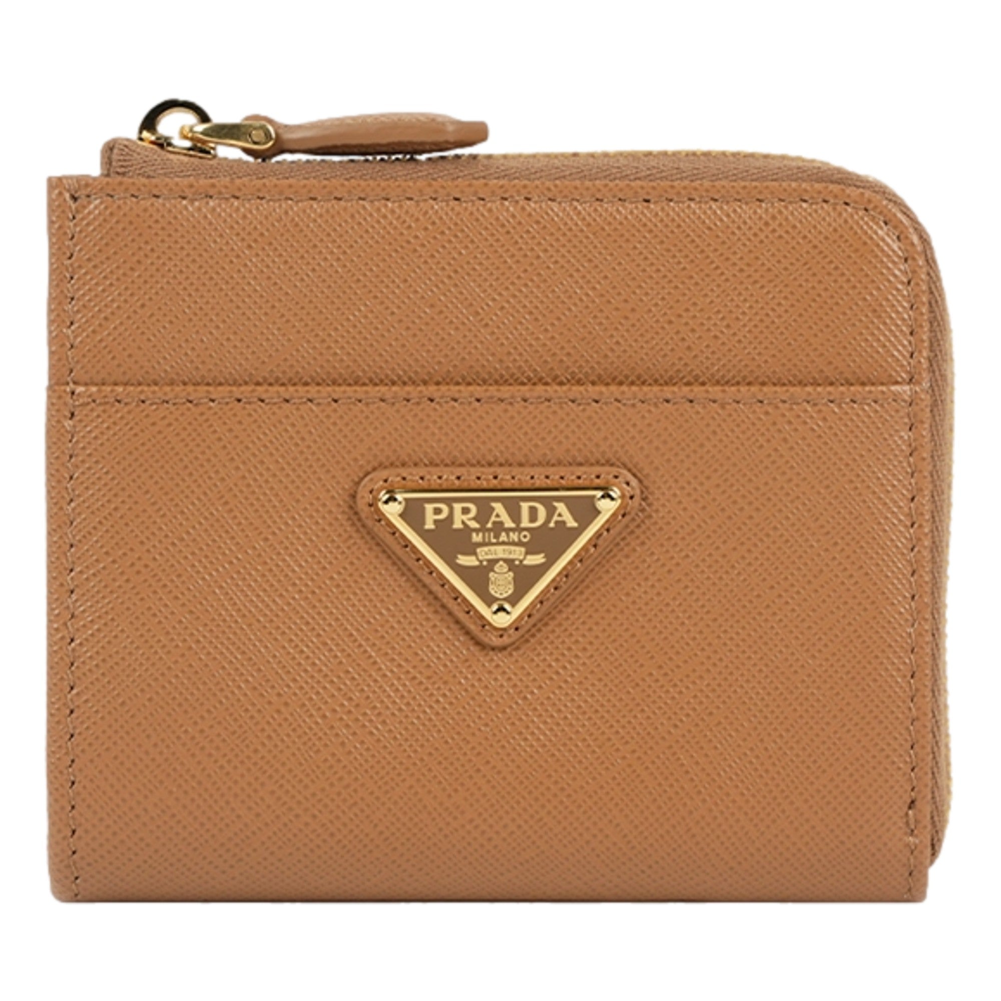 Prada Saffiano Caramel Brown Triangle Logo Zipper Card Holder Wallet sold at Queen Bee of Beverly Hills