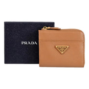 Prada Saffiano Caramel Brown Triangle Logo Zipper Card Holder Wallet sold at Queen Bee of Beverly Hills