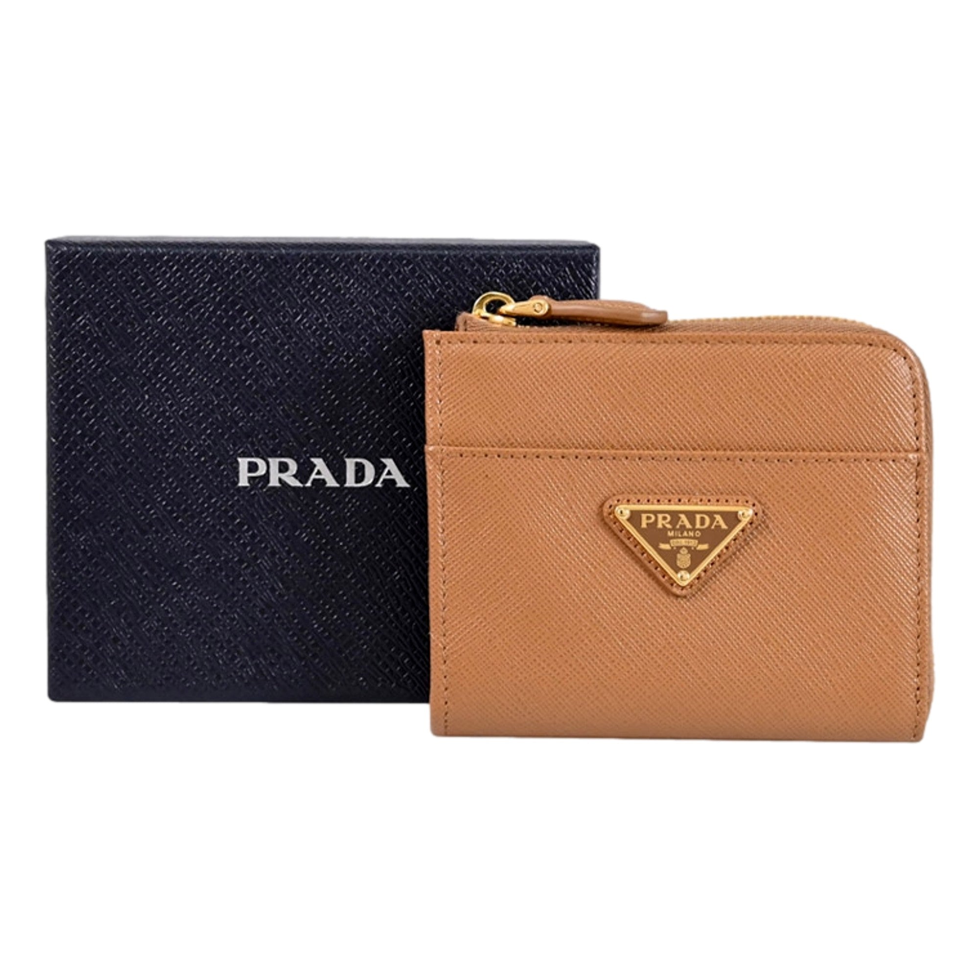 Prada Saffiano Caramel Brown Triangle Logo Zipper Card Holder Wallet sold at Queen Bee of Beverly Hills