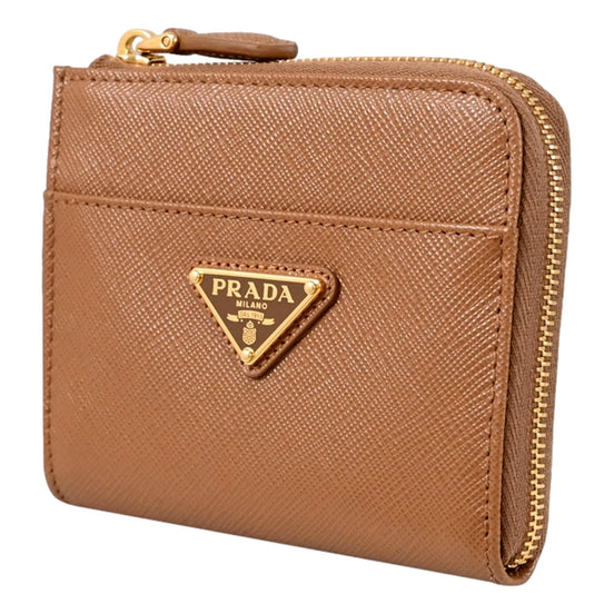 Prada Saffiano Caramel Brown Triangle Logo Zipper Card Holder Wallet sold at Queen Bee of Beverly Hills