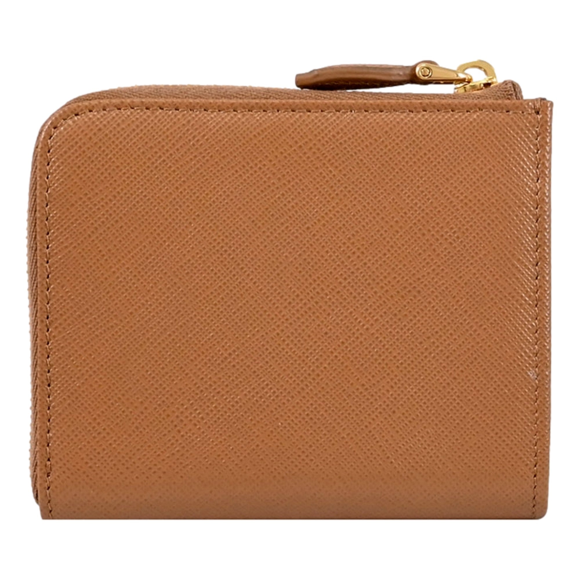 Prada Saffiano Caramel Brown Triangle Logo Zipper Card Holder Wallet sold at Queen Bee of Beverly Hills