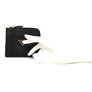 Prada Saffiano Nero Black Triangle Logo Zipper Card Holder Wallet sold at Queen Bee of Beverly Hills