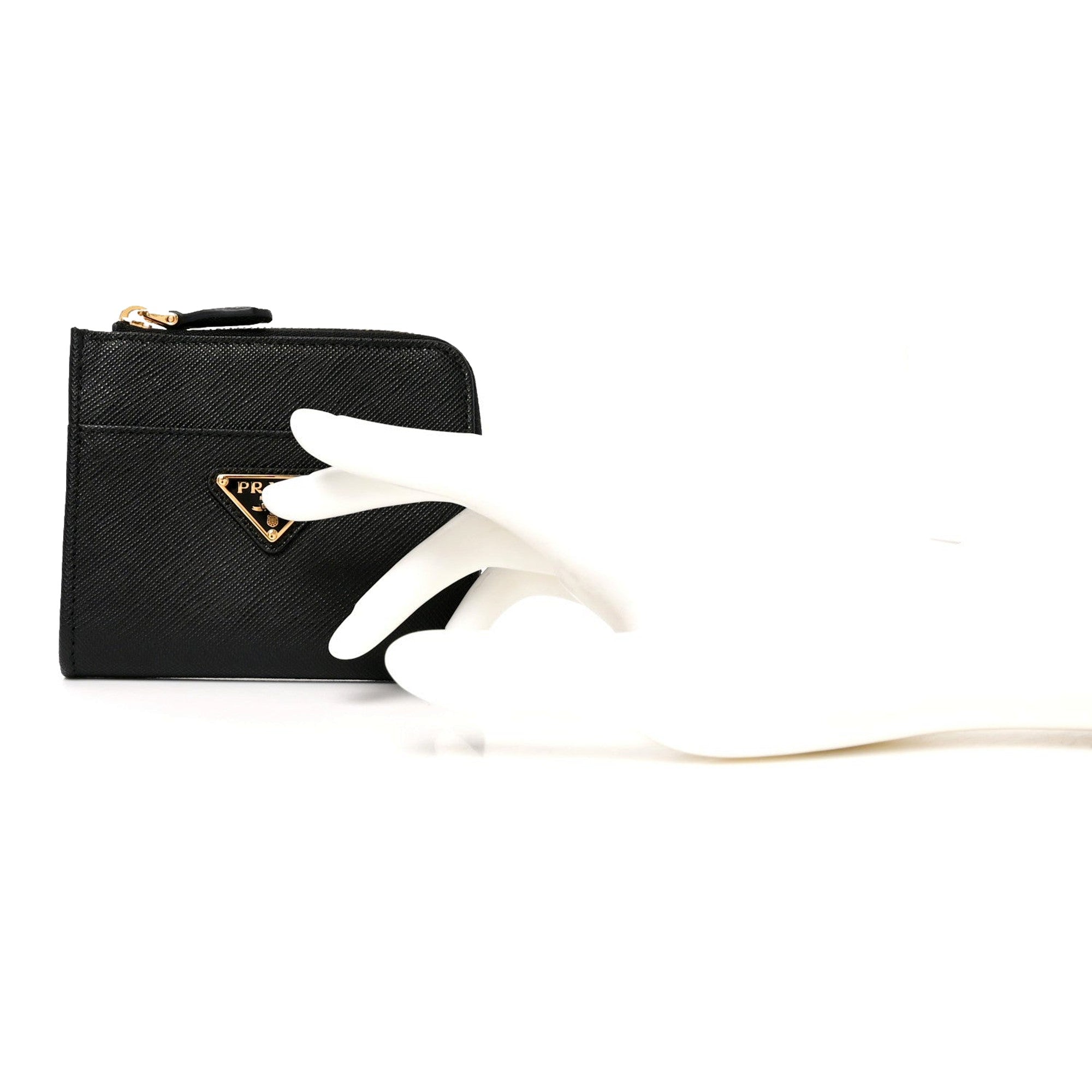 Prada Saffiano Nero Black Triangle Logo Zipper Card Holder Wallet sold at Queen Bee of Beverly Hills