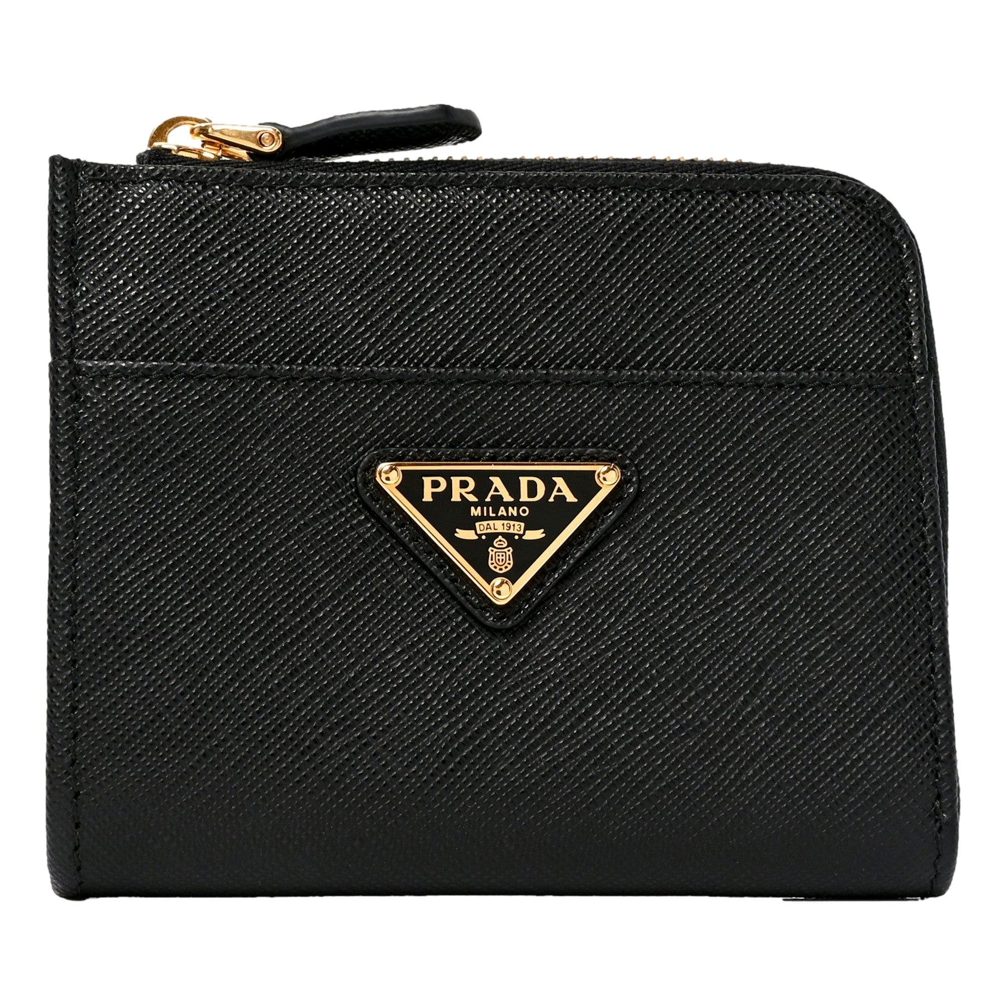 Prada Saffiano Nero Black Triangle Logo Zipper Card Holder Wallet sold at Queen Bee of Beverly Hills