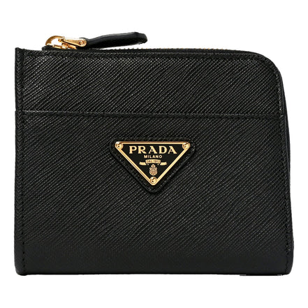 Prada Saffiano Nero Black Triangle Logo Zipper Card Holder Wallet sold at Queen Bee of Beverly Hills