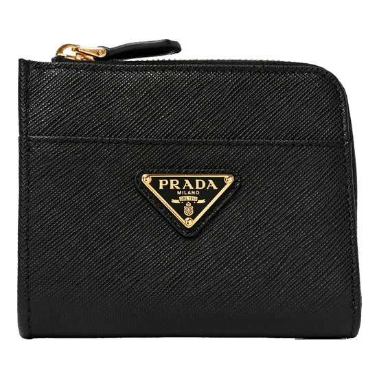 Prada Saffiano Nero Black Triangle Logo Zipper Card Holder Wallet sold at Queen Bee of Beverly Hills