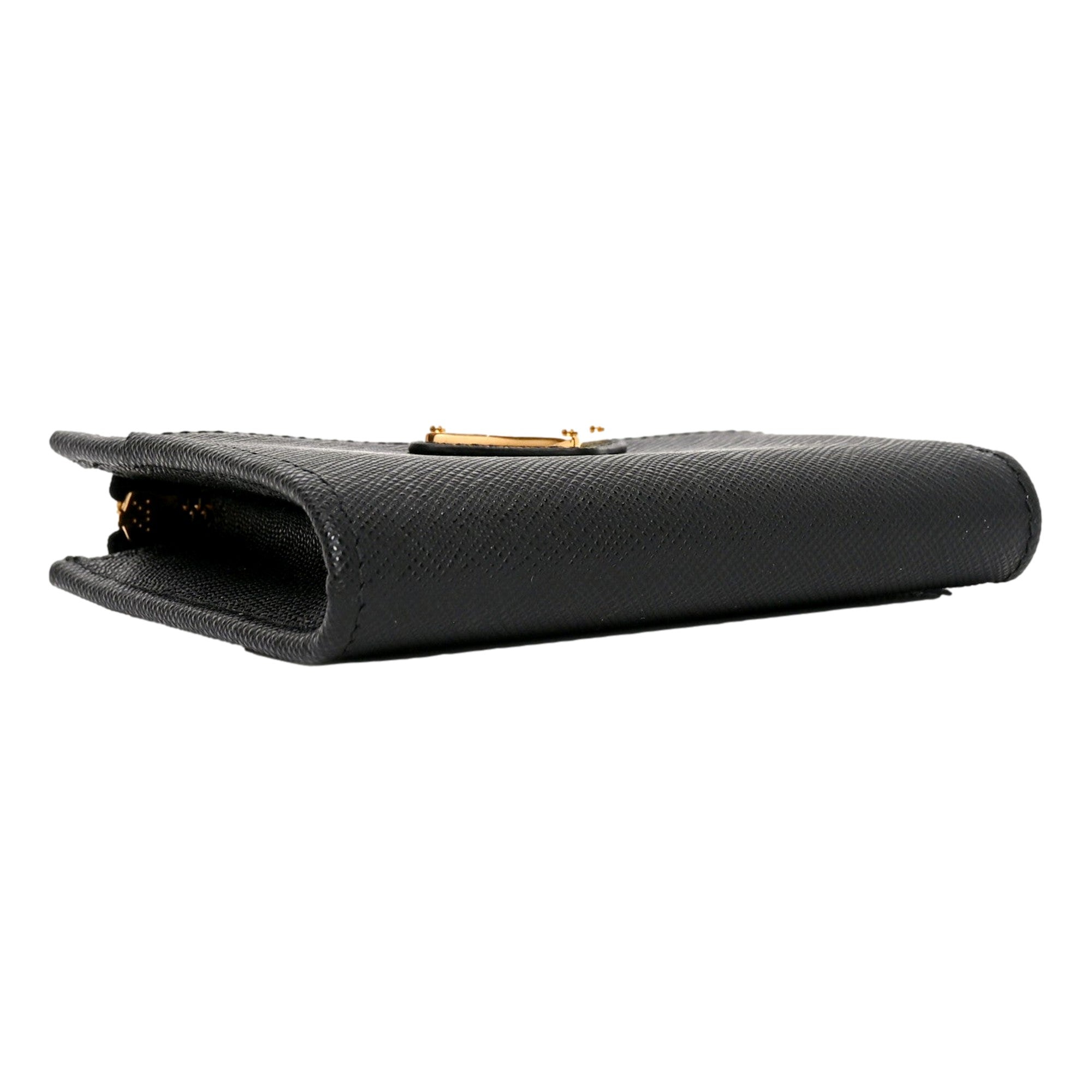 Prada Saffiano Nero Black Triangle Logo Zipper Card Holder Wallet sold at Queen Bee of Beverly Hills