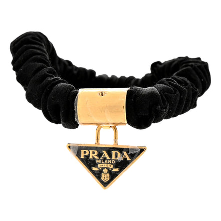 Prada Black and Pink Satin Scrunchie Hair Tie with Triangle Logo - available at Queen Bee of Beverly Hills. 