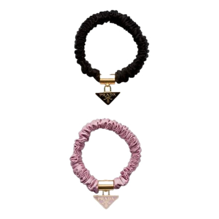 Prada Black and Pink Satin Scrunchie Hair Tie with Triangle Logo - available at Queen Bee of Beverly Hills. 