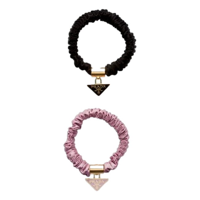Prada Black and Pink Satin Scrunchie Hair Tie with Triangle Logo - available at Queen Bee of Beverly Hills. 