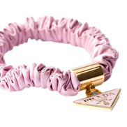 Prada Black and Pink Satin Scrunchie Hair Tie with Triangle Logo - available at Queen Bee of Beverly Hills. 