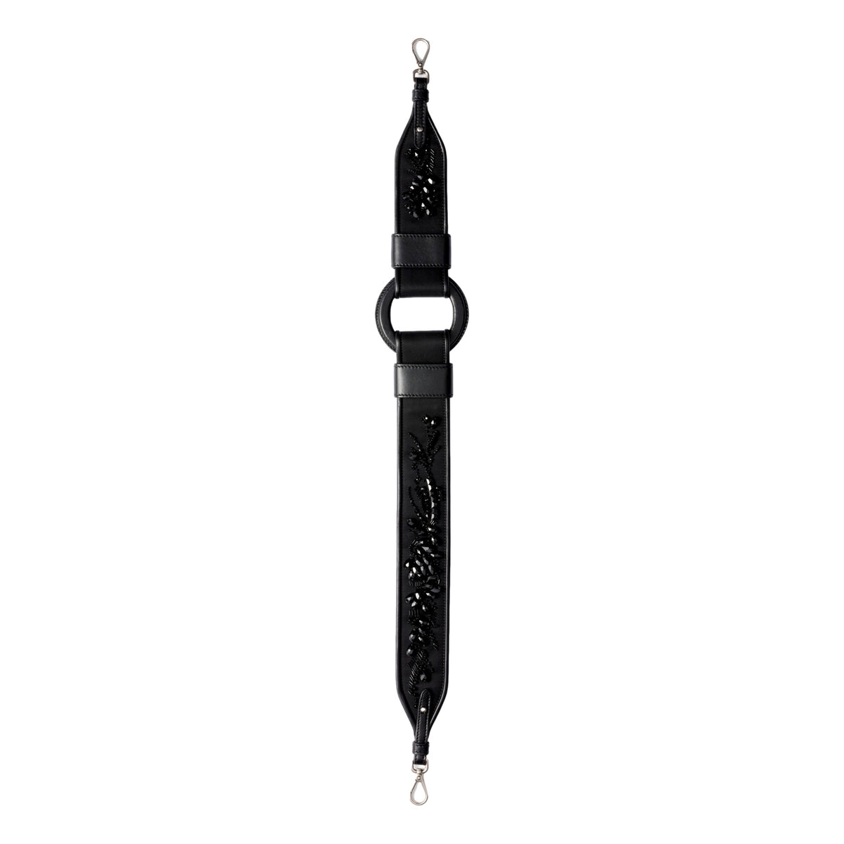 Prada Black Embroidered Re-Nylon and Leather Shoulder Strap with Ring Detail - available at Queen Bee of Beverly Hills. 