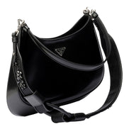 Prada Black Embroidered Re-Nylon and Leather Shoulder Strap with Ring Detail - available at Queen Bee of Beverly Hills. 