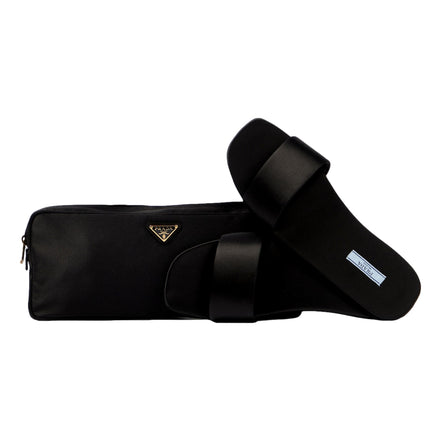 Prada Black Silk Satin Slides with Matching Travel Case Holder