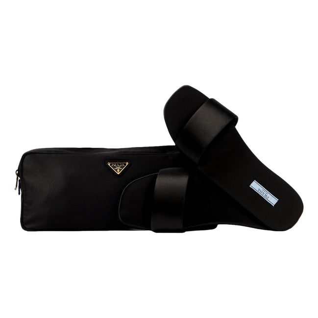 Prada Black Silk Satin Slides with Matching Travel Case Holder sold at Queen Bee of Beverly Hills