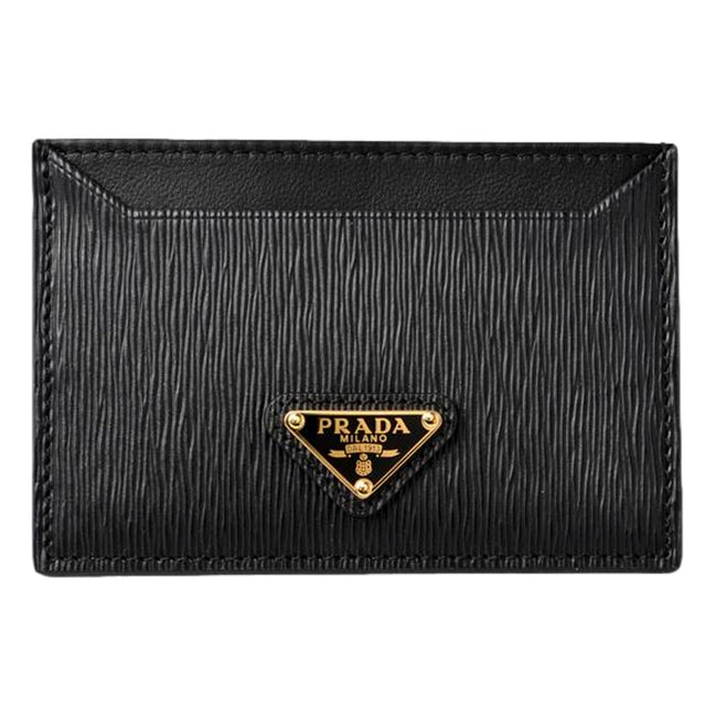 Prada Vitello Move Black Gold Leather Small Card Holder Case Wallet