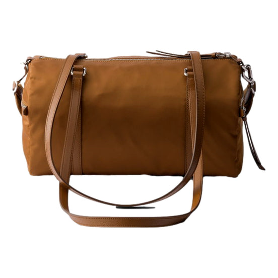 Prada Small Re-Nylon and Saffiano Leather Duffel Bag Brown - available at Queen Bee of Beverly Hills. 