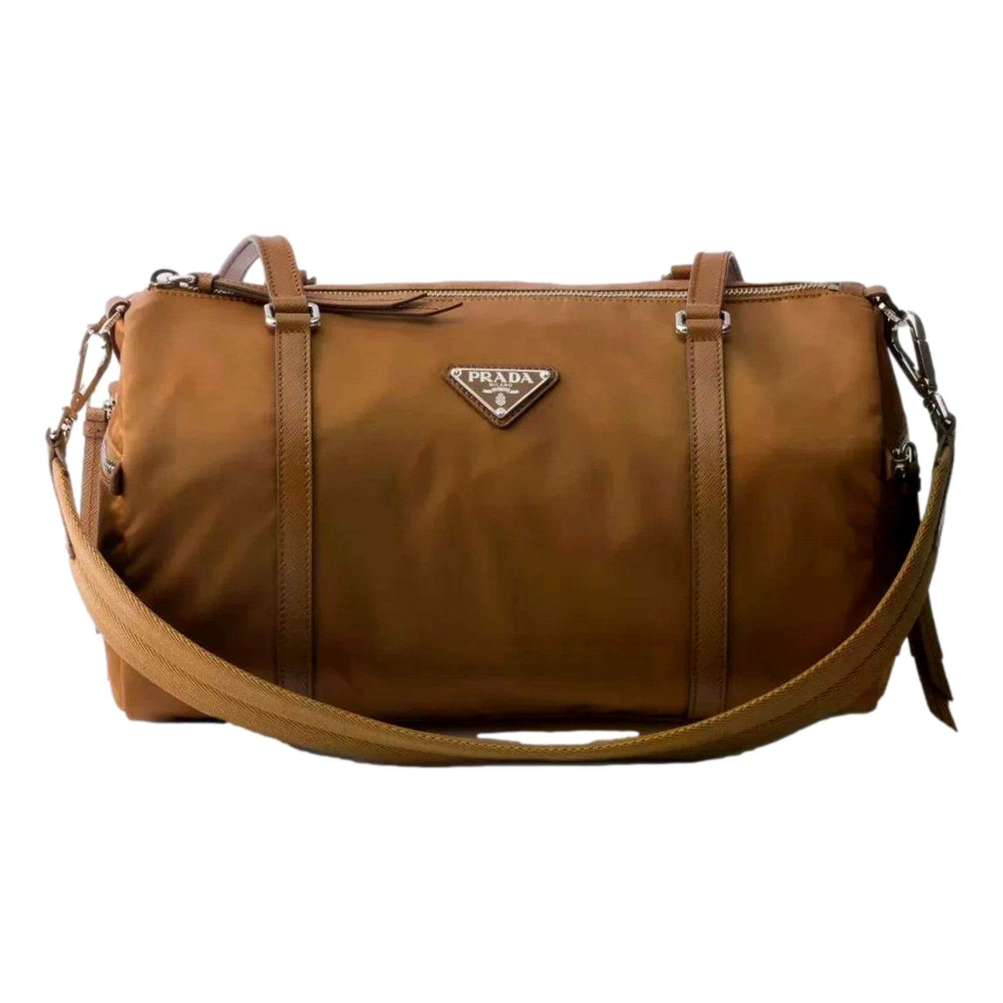 Prada Small Re-Nylon and Saffiano Leather Duffel Bag Brown - available at Queen Bee of Beverly Hills. 
