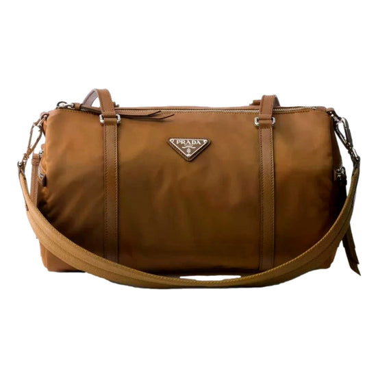 Prada Small Re-Nylon and Saffiano Leather Duffel Bag Brown - available at Queen Bee of Beverly Hills. 