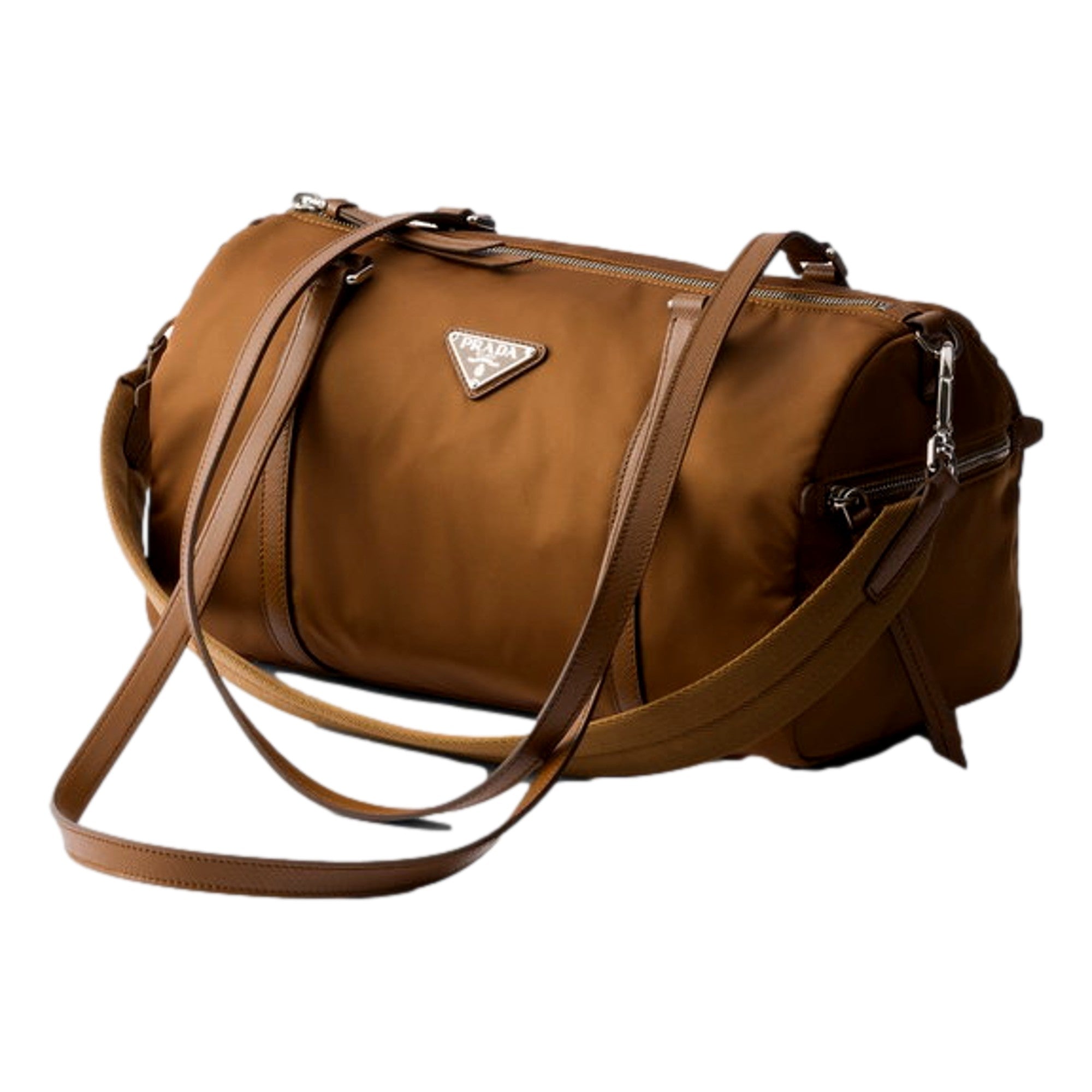 Prada Small Re-Nylon and Saffiano Leather Duffel Bag Brown - available at Queen Bee of Beverly Hills. 
