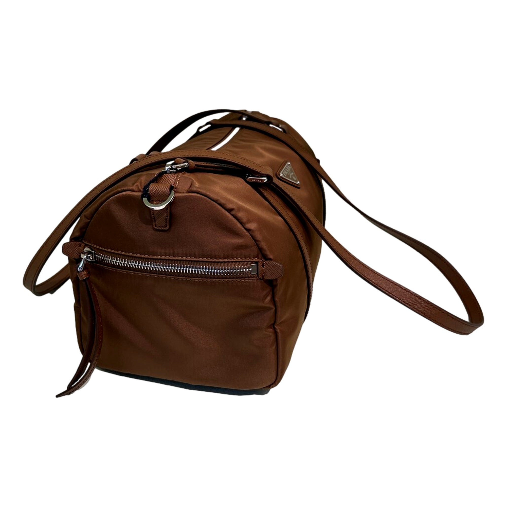 Prada Small Re-Nylon and Saffiano Leather Duffel Bag Brown - available at Queen Bee of Beverly Hills. 