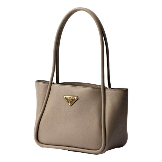 Prada Soft Grain Leather Argilla Grey Small Shopping Shoulder Tote available at Queen Bee of Beverly Hills