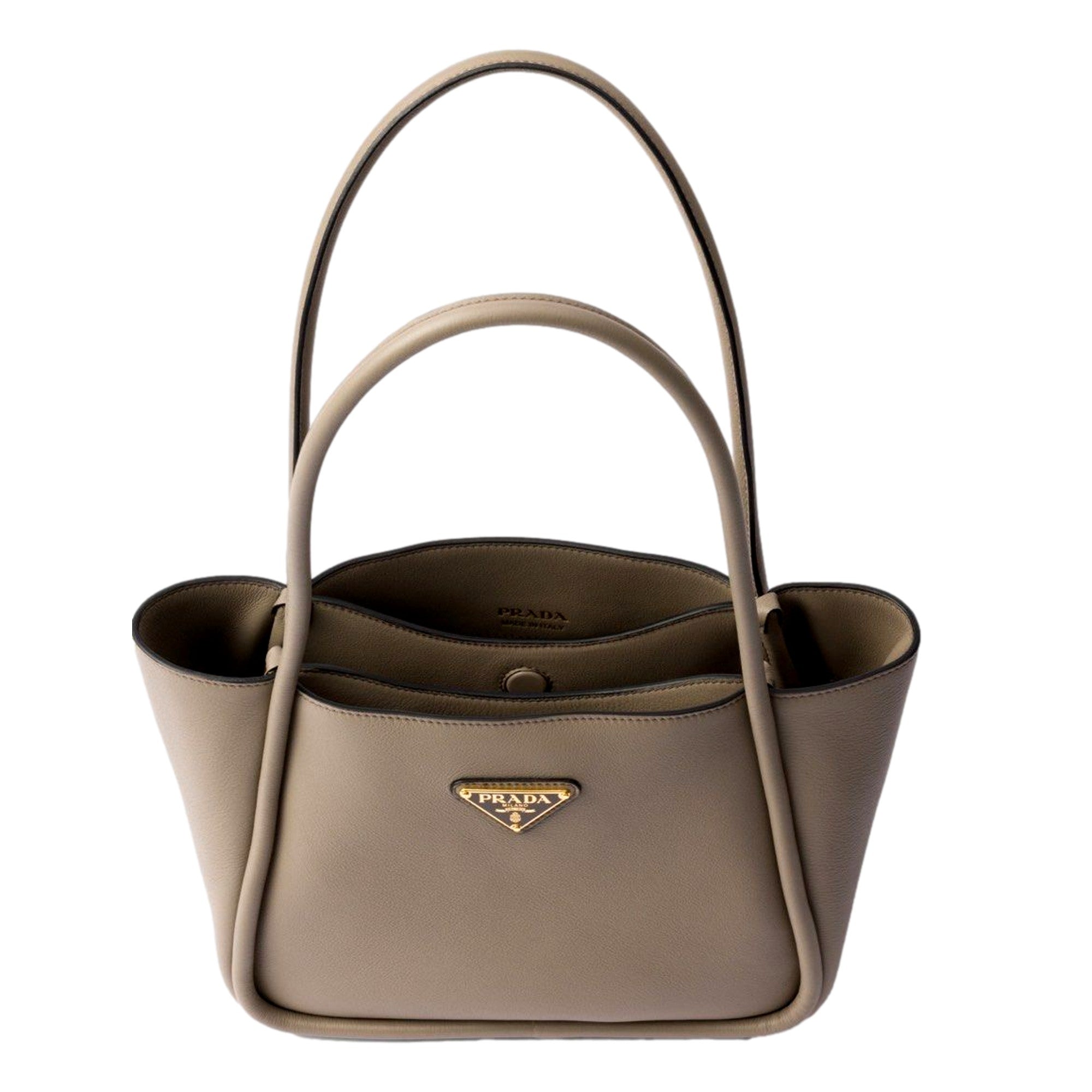 Prada Soft Grain Leather Argilla Grey Small Shopping Shoulder Tote available at Queen Bee of Beverly Hills
