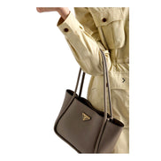 Prada Soft Grain Leather Argilla Grey Small Shopping Shoulder Tote available at Queen Bee of Beverly Hills