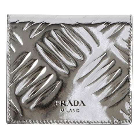 Prada Spazzolato Foldover Card Wallet Metallic Silver Embossed Leather available at Queen Bee of Beverly Hills