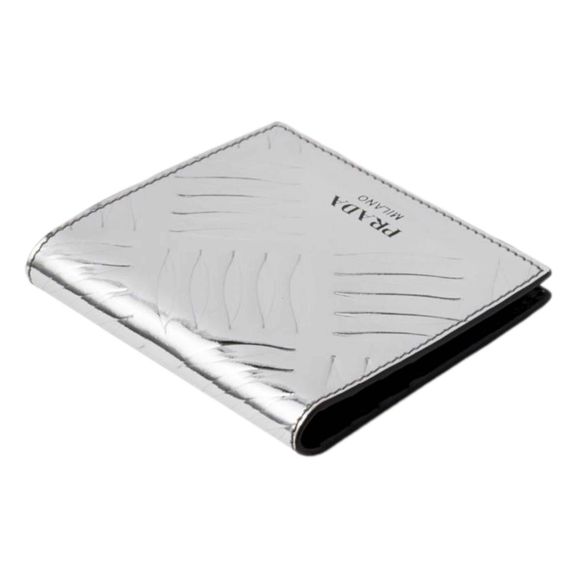 Prada Spazzolato Foldover Card Wallet Metallic Silver Embossed Leather available at Queen Bee of Beverly Hills