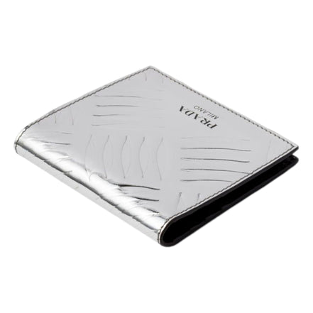 Prada Spazzolato Foldover Card Wallet Metallic Silver Embossed Leather available at Queen Bee of Beverly Hills