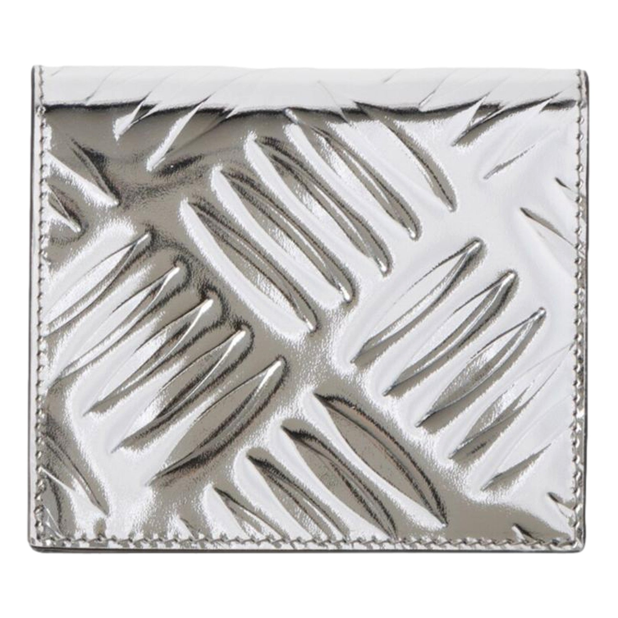 Prada Spazzolato Foldover Card Wallet Metallic Silver Embossed Leather available at Queen Bee of Beverly Hills